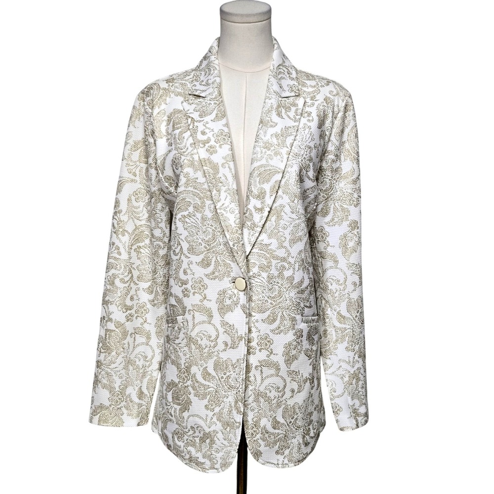Susan Graver Blazer Womens Large Jacquard Floral Occasion Elegant Gold Jacket